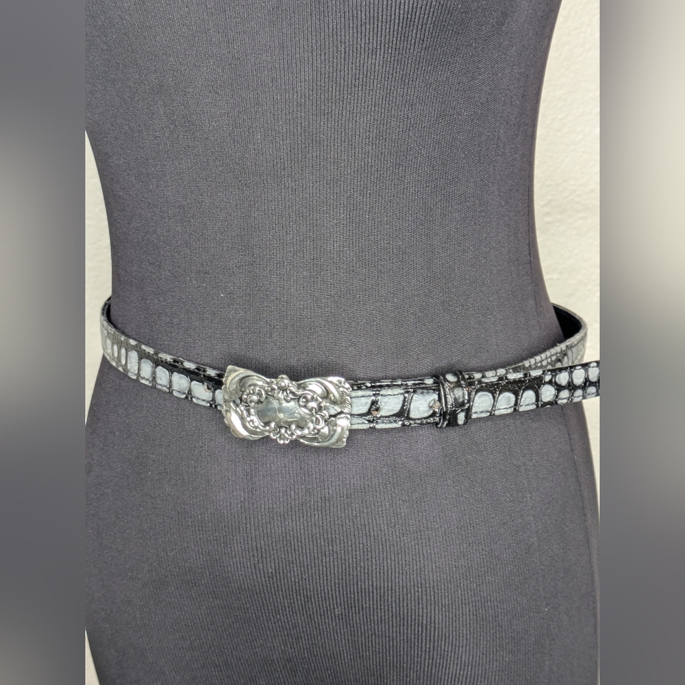 Ann Turk Croc Embossed Gray Black Women's Thin Belt Floral Pattern Silver Buckle